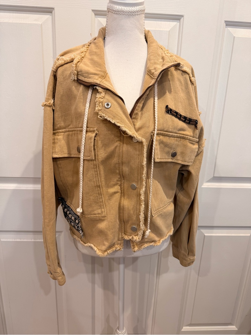 POL Small Tan Boho Embroidered Raw Edge Utility Moto Jacket - Picture 5 of 10
